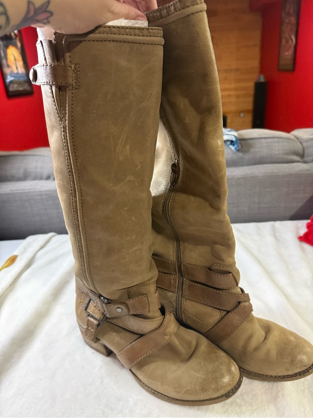 Gianni Bini Brown Leather Knee High Riding Boots Harness Buckle Moto Boho Y2K